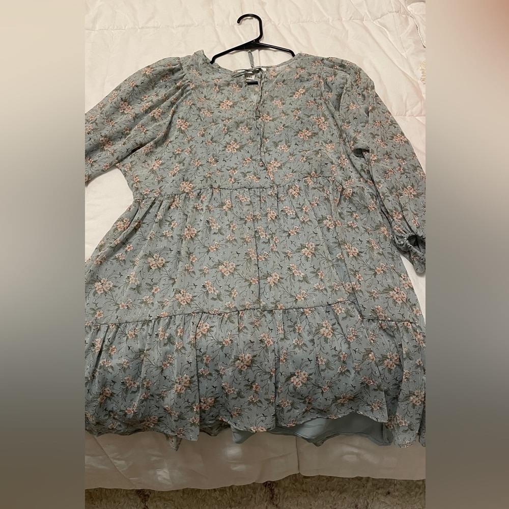Moon River Muted Green Floral A Line Long Sleeve Dress